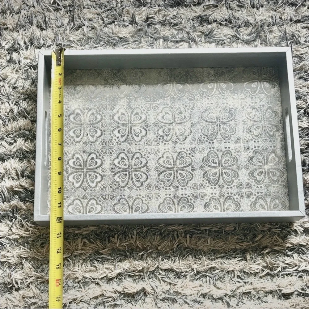 Gray Decorative Vanity Tray with Patterned Insert 17.5 x 12 x 2